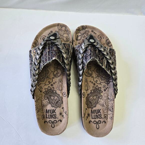 New Muks Luks Womens Thong Sandal Size 10 Cow Suede Braided Sequin Boho Artsy - Picture 9 of 11
